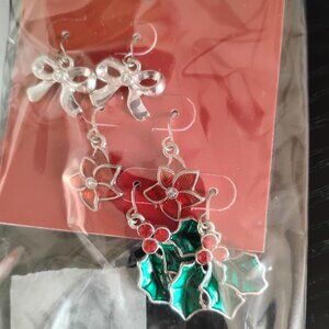 3 Pair of Christmas Earrings. NWT. Silver Bows, Red Poinsettias and Holly. Nice.